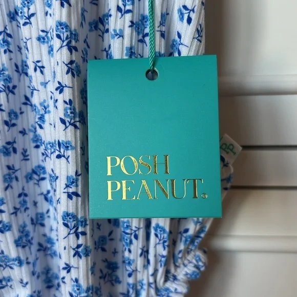 ❌SOLD❌ NWT Posh Peanut Baby Girl Blue & White Floral Ruffle Bubble Romper 0-3M - Picture 3 of 11